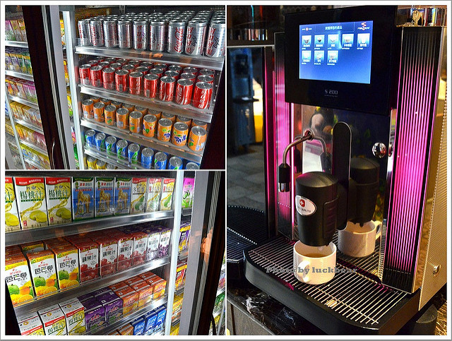 饮料区的大冰箱里有多样的铝箔包以及铝罐装的饮料,另外也有现煮的